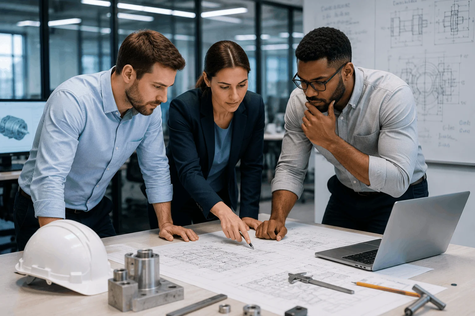 Engineers discussing technical plans during professional training