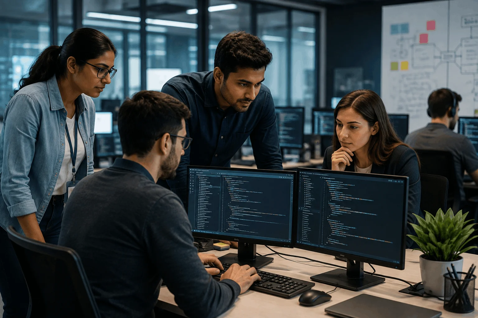 IT professionals collaborating during technical training