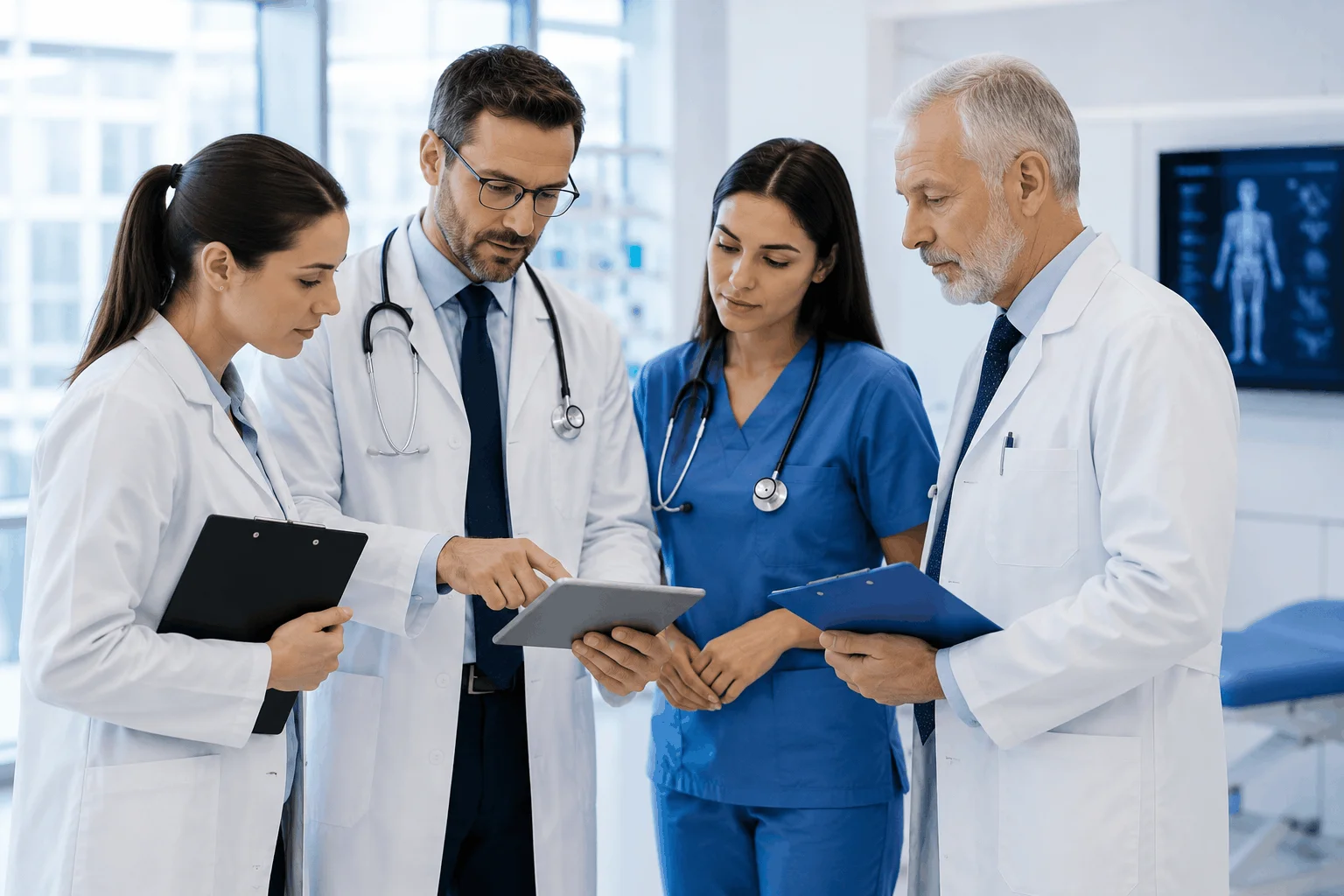 Medical professionals reviewing clinical learning material
